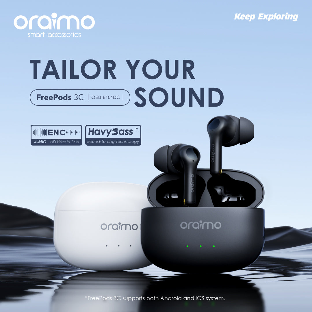 Oraimo FreePods 3C ENC Playtime True Wireless Earbuds- White- warranty 365 days - ضمان سنه الوكيل المحلي