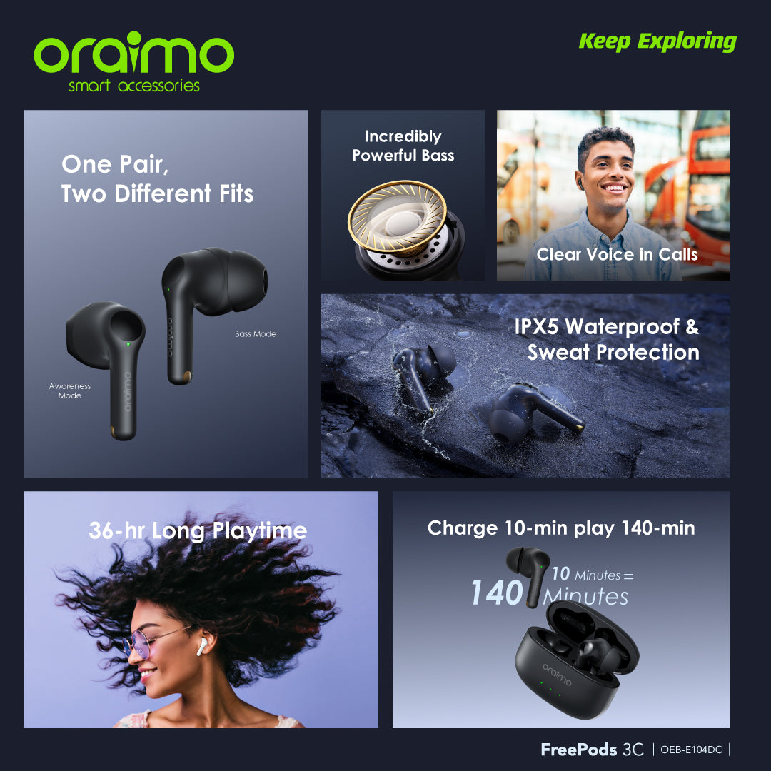 Oraimo FreePods 3C ENC Playtime True Wireless Earbuds- White- warranty 365 days - ضمان سنه الوكيل المحلي