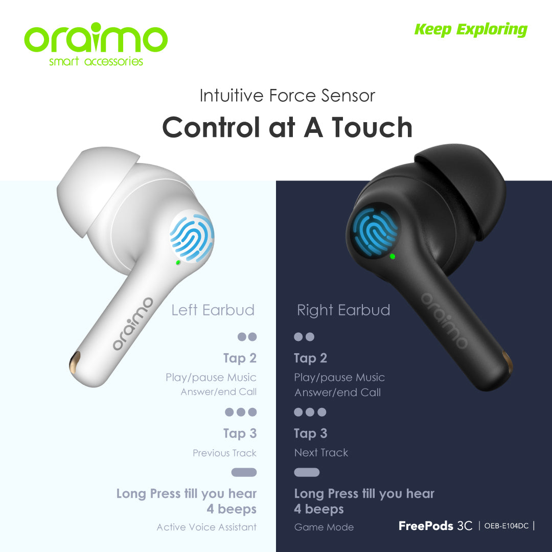Oraimo FreePods 3C ENC Playtime True Wireless Earbuds- Black- warranty 365 days - ضمان سنه من الوكيل الرسمي