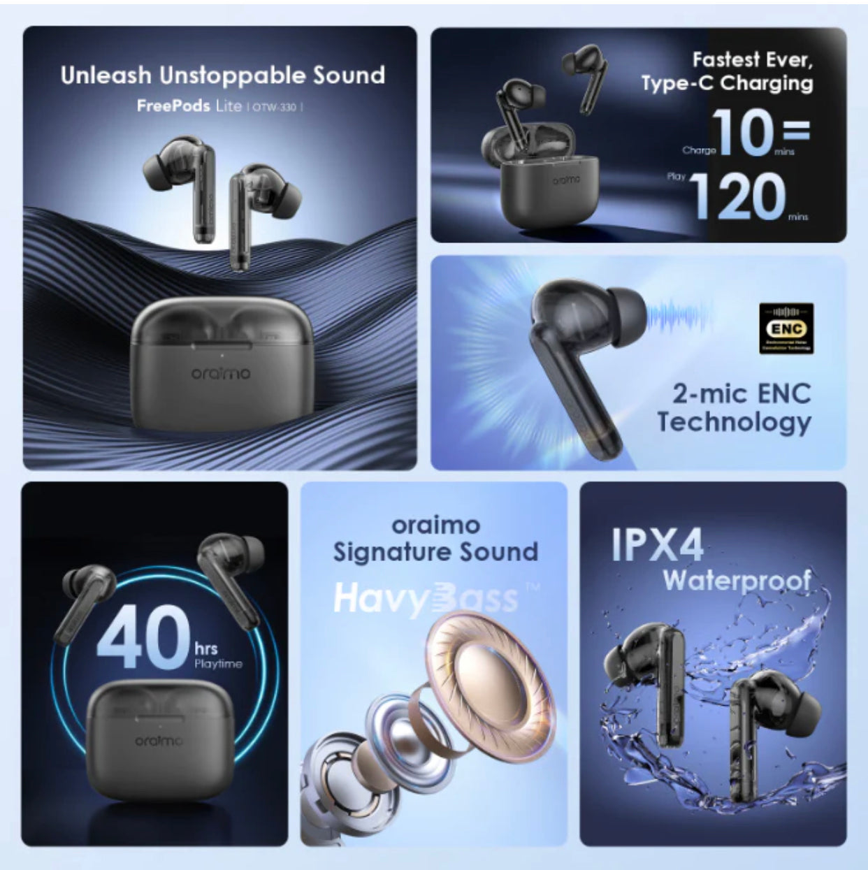Oraimo freepods Lite W-330 Wireless Earbuds - 40H Playtime - Black