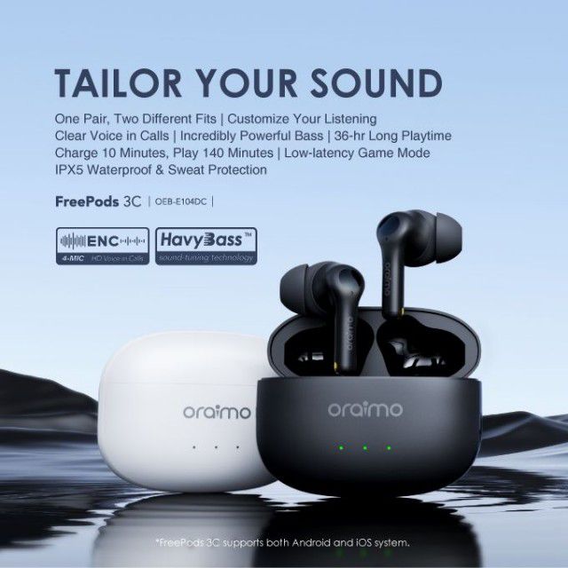 Oraimo FreePods 3C ENC Playtime True Wireless Earbuds- Black- warranty 365 days - ضمان سنه من الوكيل الرسمي