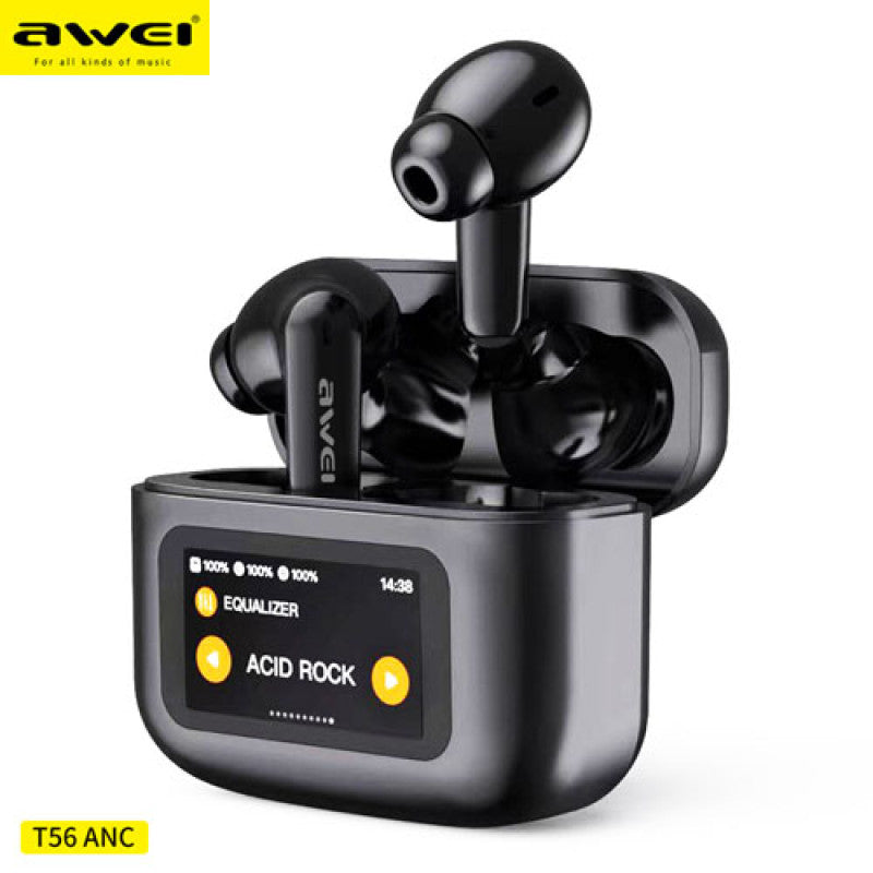 AWEI T96 ANC Wireless Bluetooth V 5.4 Earphones Noise Reduction Headphones Full-Color LED Touchscreen TWS Sport Headest With Mic - Black - Local Warranty 6 months
