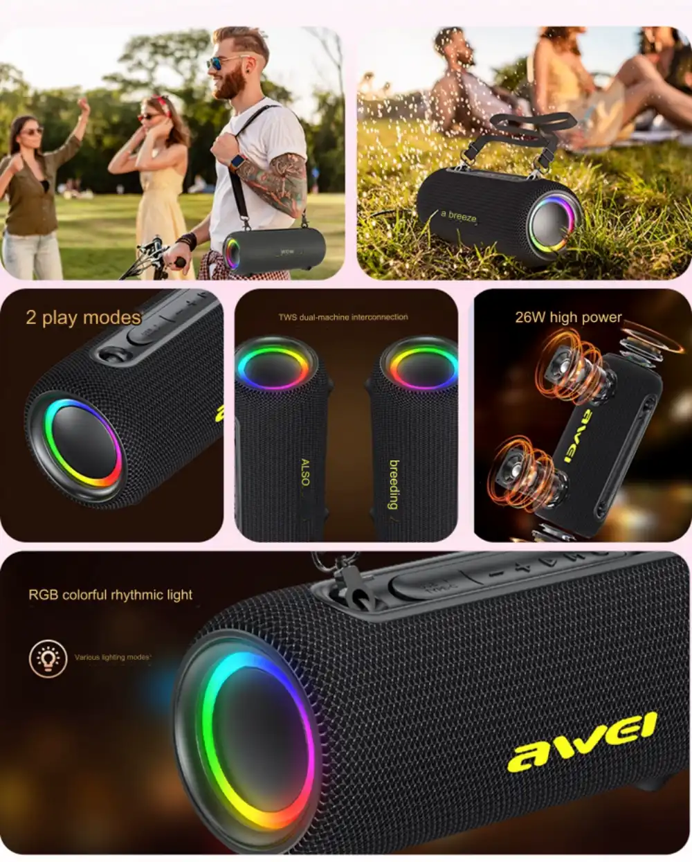 Awei KA33 Bluetooth Speaker 26W Hi-Fi Music Waterproof Outdoor Speaker With Dynamic RGB Lighting - Local Warranty - 6 Months