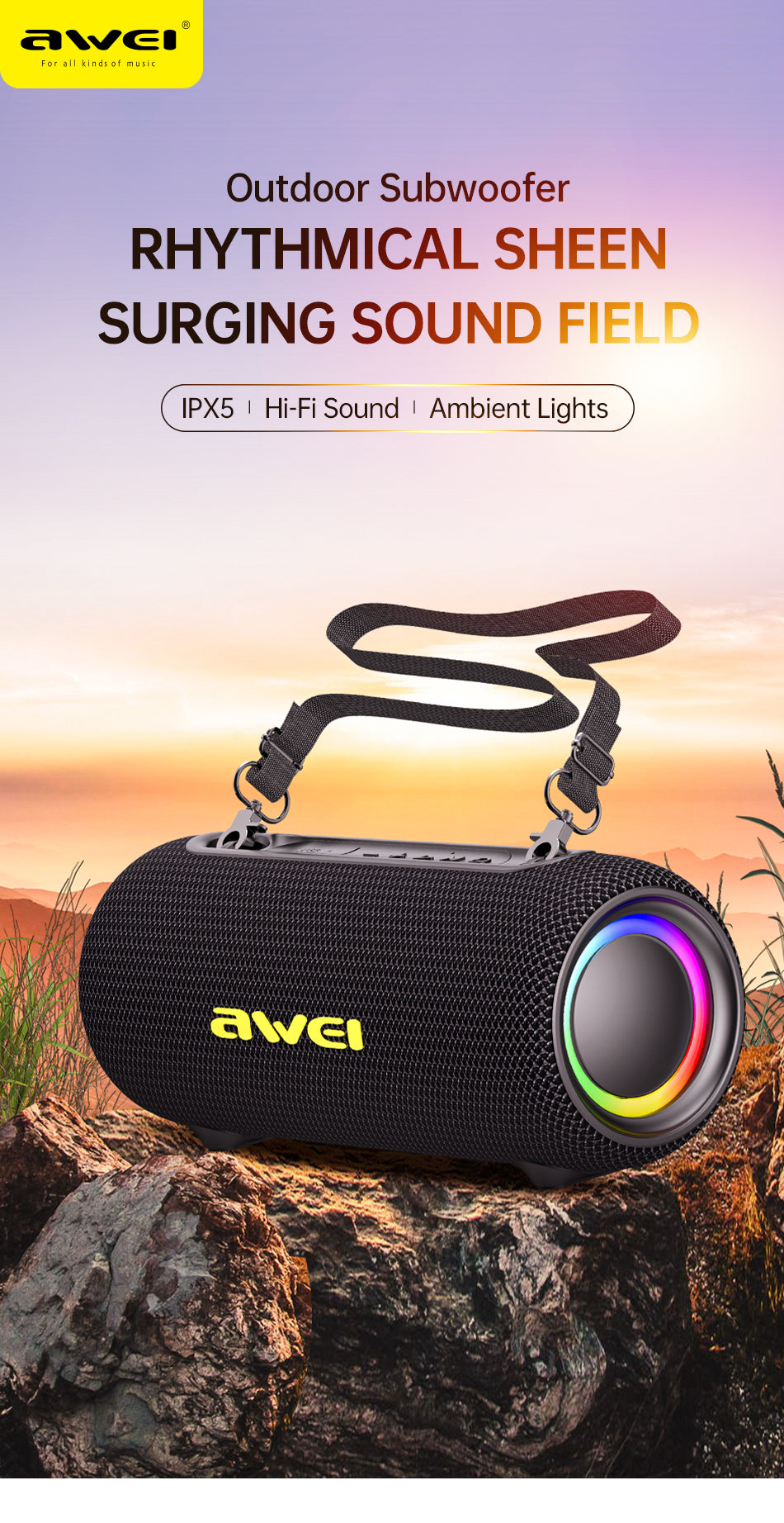 Awei KA33 Bluetooth Speaker 26W Hi-Fi Music Waterproof Outdoor Speaker With Dynamic RGB Lighting - Local Warranty - 6 Months