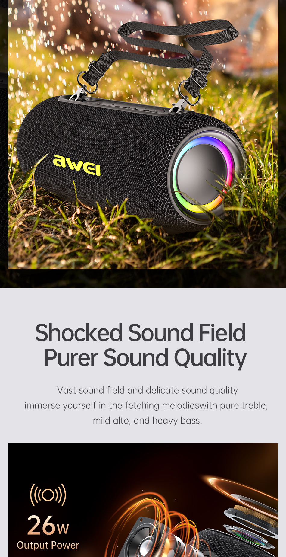 Awei KA33 Bluetooth Speaker 26W Hi-Fi Music Waterproof Outdoor Speaker With Dynamic RGB Lighting - Local Warranty - 6 Months