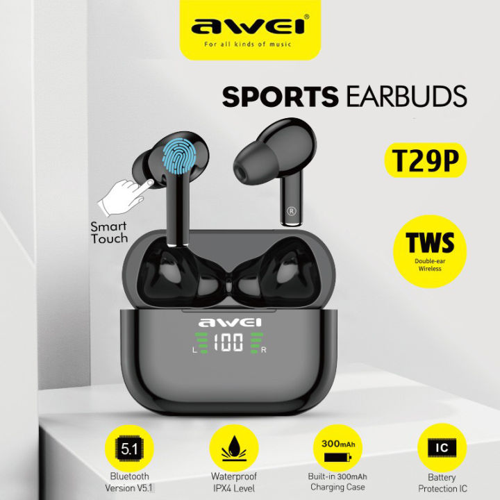 Awei T29P Bluetooth V5.0 LED Digital Display Ture Wireless Sports IPX4 Waterproof TWS