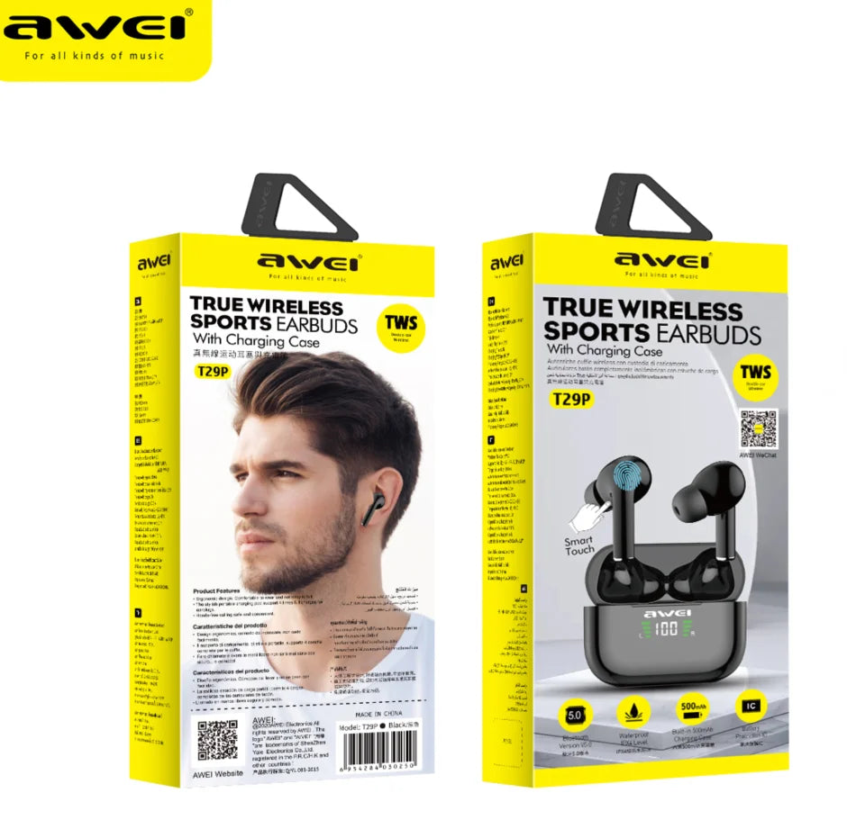 Awei T29P Bluetooth V5.0 LED Digital Display Ture Wireless Sports IPX4 Waterproof TWS
