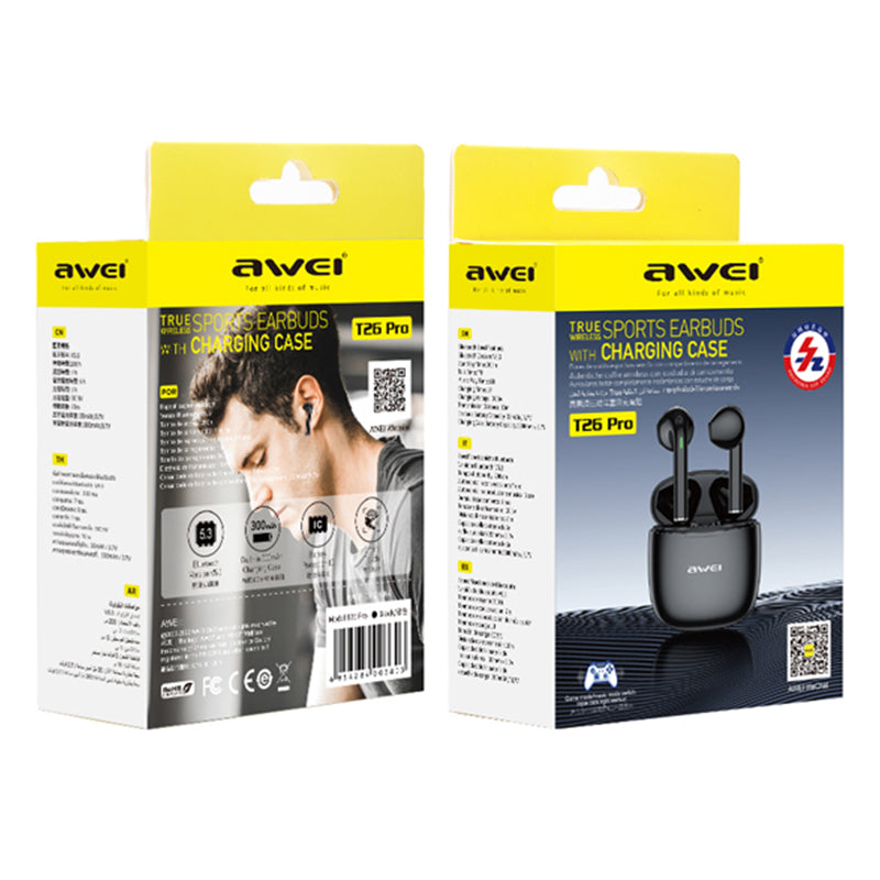 Awei T26 Pro TWS In-Ear Earbuds Bluetooth Earphones Smart Touch With Charging Case Long Battery Life Extra Bass Headset