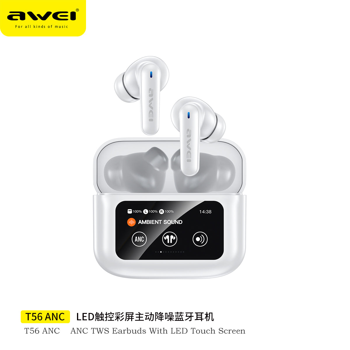 AWEI T96 ANC Wireless Bluetooth V 5.4 Earphones Noise Reduction Headphones Full-Color LED Touchscreen TWS Sport Headest With Mic - White - Local Warranty 6 months