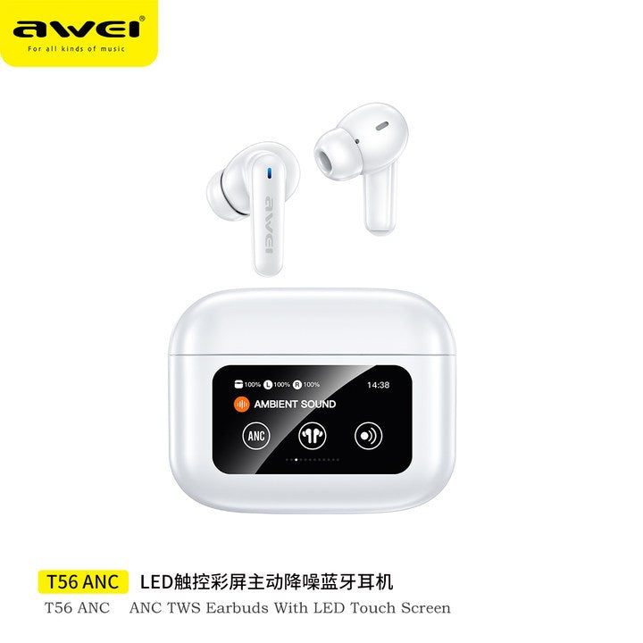 AWEI T96 ANC Wireless Bluetooth V 5.4 Earphones Noise Reduction Headphones Full-Color LED Touchscreen TWS Sport Headest With Mic - White - Local Warranty 6 months