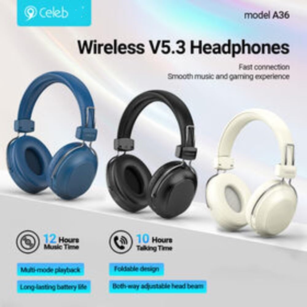 Wireless Bluetooth Headset Celebrat A36 EARPHONE,Bluetooth, FM V5.3 with External Microphone,Support SD Card and AUX (BLACK)