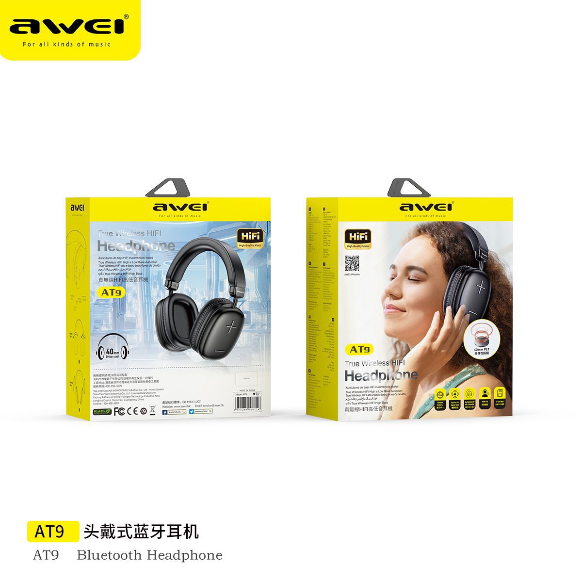 Awei AT9 Wireless Headphones Bluetooth 5.3 Earphones Foldable Gaming Headset with Mic - Black - Local Warranty 6 Months