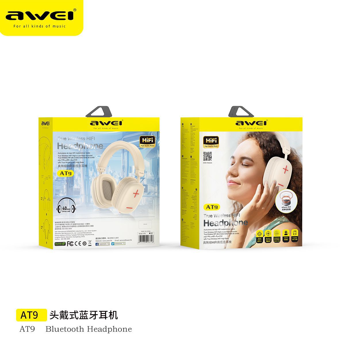 Awei AT9 Wireless Headphones Bluetooth 5.3 Earphones Foldable Gaming Headset with Mic - Beige - Local Warranty 6 Month