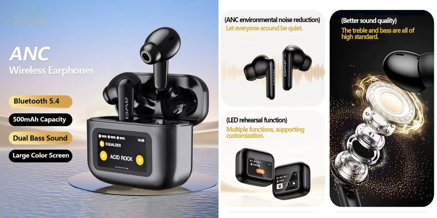 AWEI T96 ANC Wireless Bluetooth V 5.4 Earphones  Noise Reduction Headphones Full-Color LED  Touchscreen TWS Sport Headest With Mic - Black - Local Warranty 6 months