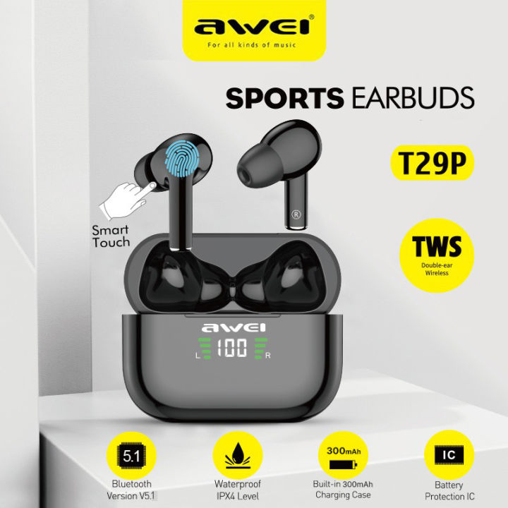Awei T29P Bluetooth V5.0 LED Digital Display Ture  Wireless Sports IPX4 Waterproof TWS